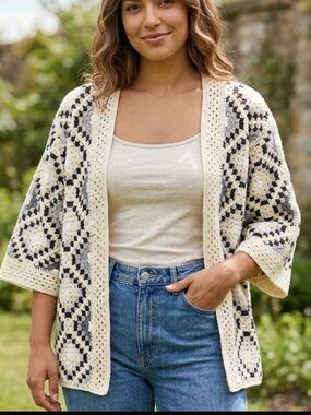 AZ Boho Crochet Granny Square Cardigan Kimono Jacket Cream Grey - NIB